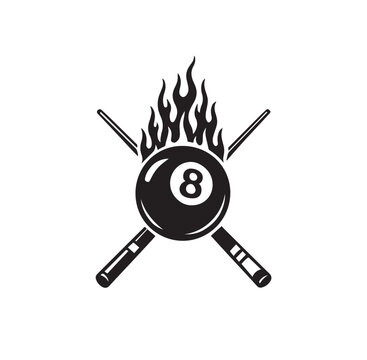 Black and white illustration of an eight ball with flames and crossed billiard cues Keywords: eight ball, pool ball, billiard ball, 8 ball, flames, fire, burning, hot, intense, billiard cues, pool