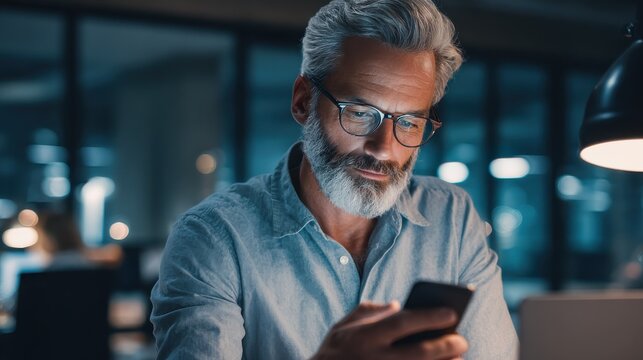 mature business man entrepreneur holding smartphone using mobile apps looking at cell phone checking data working in office business platform applications technology concept no logos no brands ar 169 - Powered by Adobe