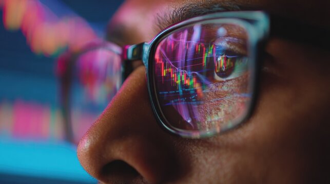 young indian business man trader wearing glasses looking at computer screen with trading charts reflecting in eyeglasses watching stock trading market financial data growth concept close up no logos 