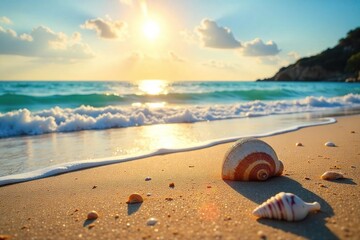 Obraz premium Golden hour sunlight bathes a sandy beach, gentle waves lapping the shore, seashells scattered nearby Perfect postcard scene of coastal serenity and bliss , bright, relaxation, golden hour