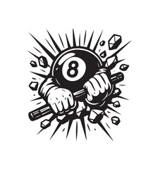 Black and white illustration of hands breaking through a wall holding an eight ball and cue stick Keywords: eight ball, billiard ball, pool ball, 8 ball, cue stick, billiard cue, breaking wall