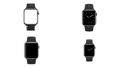 Modern smartwatches on black background with different display options.