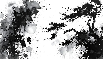 Ink wash trees on white background