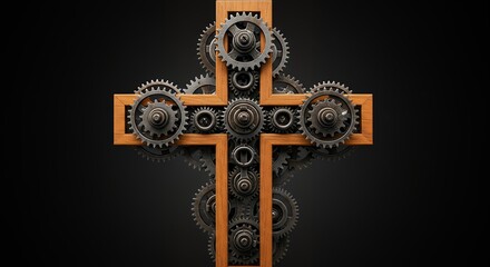 Steampunk cross gear illustration dark background symbolism religious concept