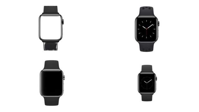 Modern smartwatches on black background with different display options.