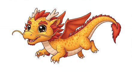 Fototapeta premium Whimsical cartoon dragon in flight with vibrant orange and yellow hues isolated on white background