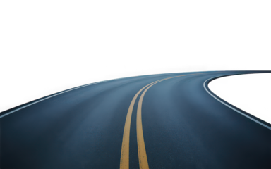 Curved asphalt road with yellow lines isolated on transparent background