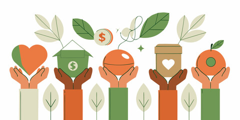 Diverse hands holding symbols of generosity and support for community and charity initiatives
