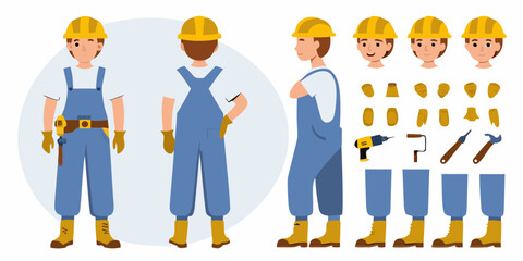 Construction worker character kit with different poses and accessories for animation and design