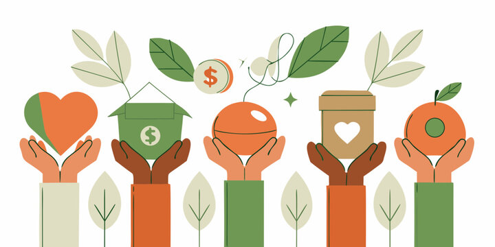 Diverse hands holding symbols of generosity and support for community and charity initiatives