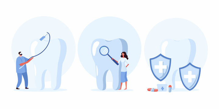 Dentist and patient examining tooth with magnifying glass and dental hygiene concept with shields and medicine