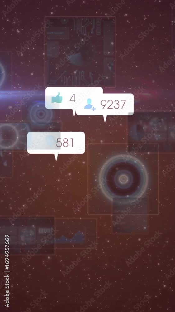 Poster social media notifications and likes animation over digital interface background