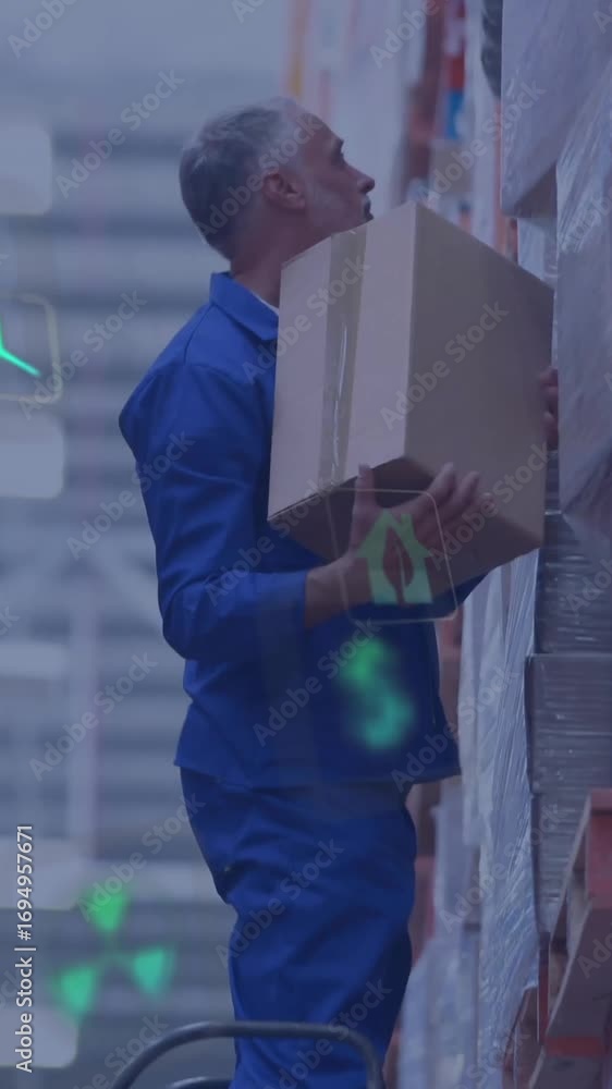 Poster organizing boxes in warehouse, worker using digital animation icons for inventory