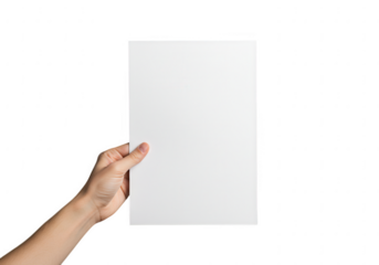 Hand holding a blank white rectangular paper sheet isolated on transparent background