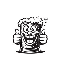 Cartoon Black and White Illustration of a Happy Beer Mug Giving Thumbs Up character