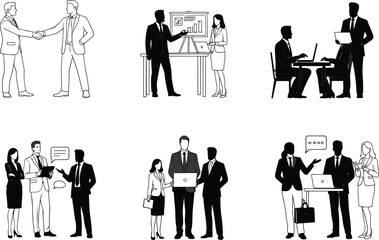 Business teamwork, corporate meeting, professional collaboration, office discussion, data presentation, handshake agreement, workplace communication, team briefing, business strategy, vector illustrat