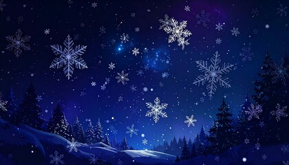 Snowy night landscape with falling snowflakes