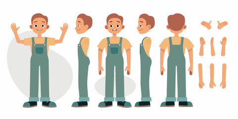 Cartoon character model sheet for a young boy wearing overalls and a t shirt with multiple views and body parts