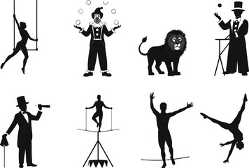 Circus performers, trapeze artist, clown juggling, lion act, magician trick, ringmaster pose, tightrope walker, acrobat flip, silhouette vector, entertainment illustration