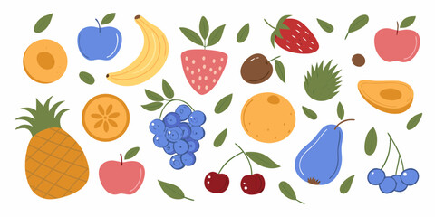 A vibrant collection of colorful cartoon fruits and leaves scattered across a white background