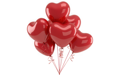 Bunch of red heart shaped balloons isolated on transparent background for celebration