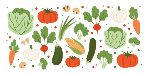 A vibrant collection of fresh vegetables and produce arranged in a playful pattern