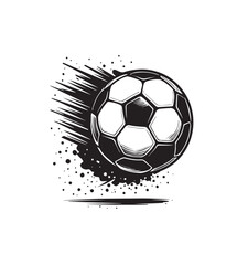 Obraz premium Dynamic black and white illustration of a soccer ball in motion with motion lines and splatters on a white background