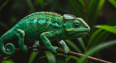 Obraz premium A green chameleon perched on a branch surrounded by lush green foliage in a natural habitat setting