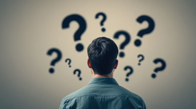 Man Facing Question Marks: Concept of Uncertainty, Doubt, and Problem Solving. Business Decision Making, Future Planning, and Seeking Answers Visual
