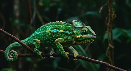 Obraz premium A bright green chameleon perched on a branch against a backdrop of lush green foliage in a natural setting