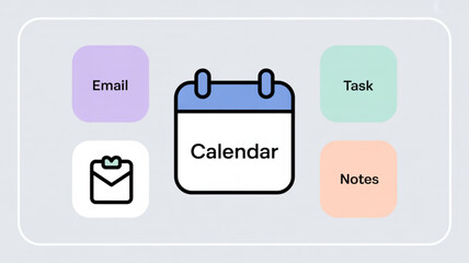 Illustration of calendar, email, task, and notes icons, symbolizing organization, productivity, and time management