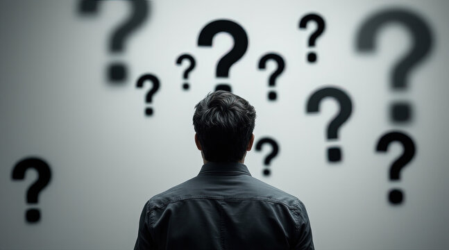Man Facing Question Marks: Uncertainty, Decisions, and Problem Solving Concept. Business Challenges and Mental Health. Seeking Answers Visual.