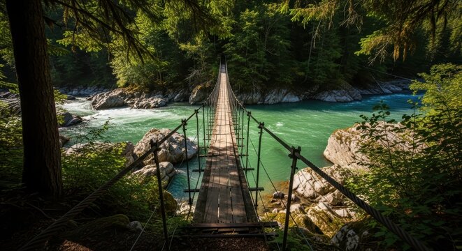 Scenic wooden suspension bridge over turquoise river in lush forest