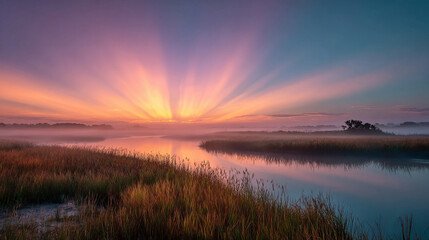 Soft pink and blue sunrise rays filter through gentle morning mist, creating a dreamy, tranquil, and ethereal landscape with a pastel sky glow.