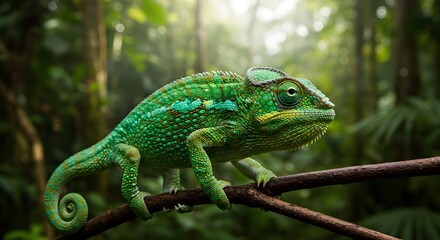 A green chameleon perched on a branch in a lush forest with diffused sunlight filtering through trees