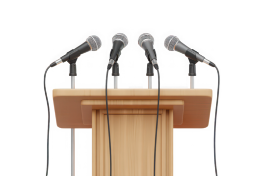 Podium with microphones isolated on transparent background, ready for an announcement