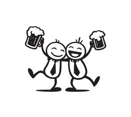 Two stick figures in suits holding beer mugs, celebrating on white background Keywords: stick figure, people, friends, celebration, party, fun, joy, happy, cheers, beer, drink, beverage, alcohol
