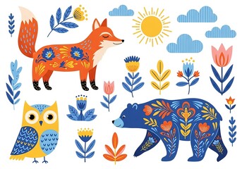 Obraz premium Charming Woodland Animals and Whimsical Folk Art Flowers Create a Vibrant, Decorative Nature Illustration