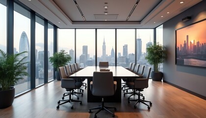 Modern London meeting room offers city skyline views from panoramic windows. Executive boardroom features stylish furniture, digital technology, plants. Ideal for corporate collaboration,