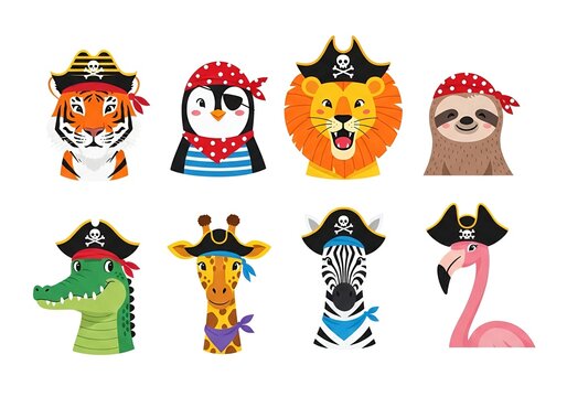 Adorable collection of cute cartoon animal faces dressed as pirates for kids' designs