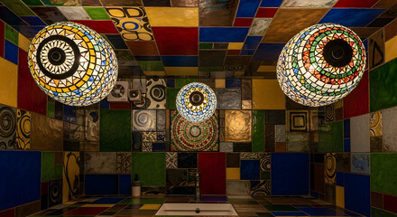 Artistic Mosaic Bathroom With Unique Decorative Ceiling Lights And Colorful Tiles