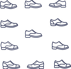 Minimalist men’s shoe outline vector icon set, ideal for fashion brands, retail, and ecommerce. Clean line art style enhances modern UI, web, and marketing designs.