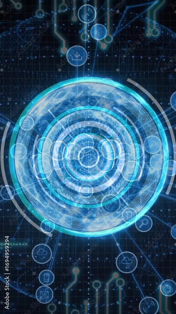 Poster animation of glowing blue circular patterns and data connections in futuristic design