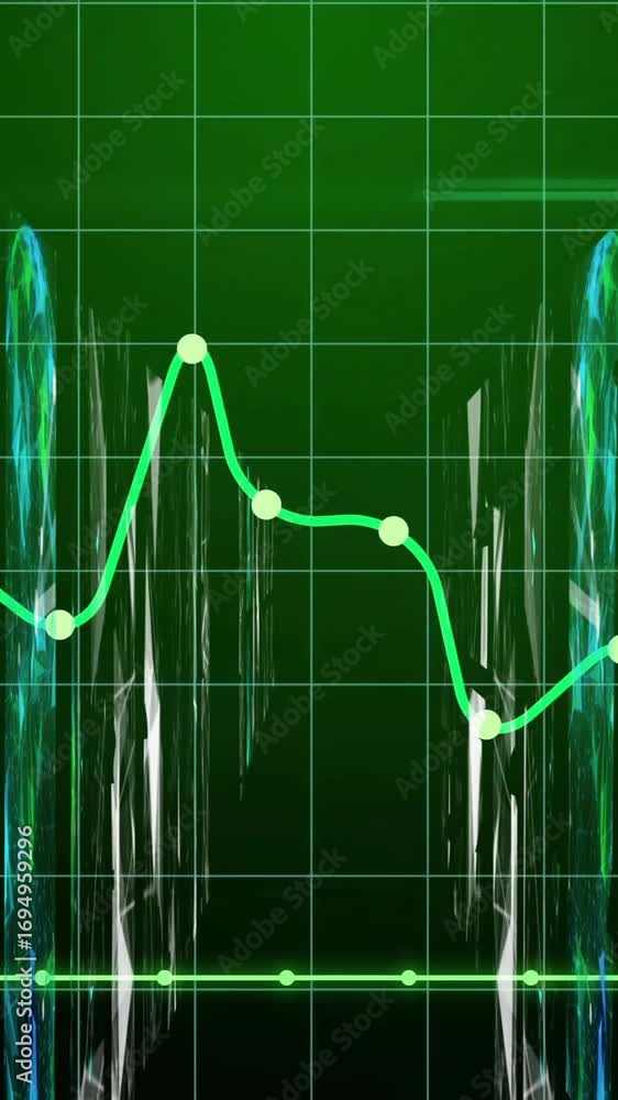 Poster animation of green line graph fluctuating over abstract digital background