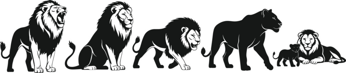 Lion pride silhouette illustration, roaring lion, walking lioness, cubs with mother, black and white vector for wildlife, nature, and animal content