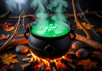 Smoking cauldron with green potion over a fire, surrounded by autumn leaves and branches