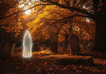 Ethereal ghostly figure in autumn cemetery
