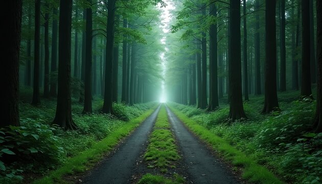 Forest path splits into two directions. One trail is narrow and rocky, the other is wide and smooth. Symbolizing choices, decisions, and life varied journeys through nature.