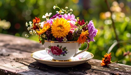 Vibrant flower bouquet in a teacup, outdoor setting