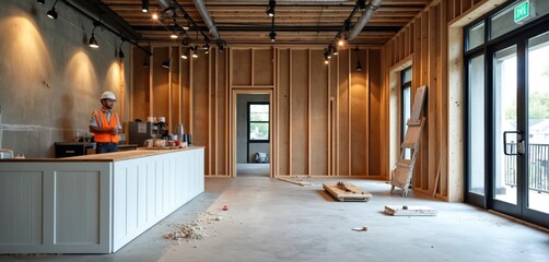 Coffee shop interior during renovation. Unfinished space with bare walls, exposed ceiling beams, new flooring installed. Construction materials, tools, ladder scattered around. Worker in hard hat,